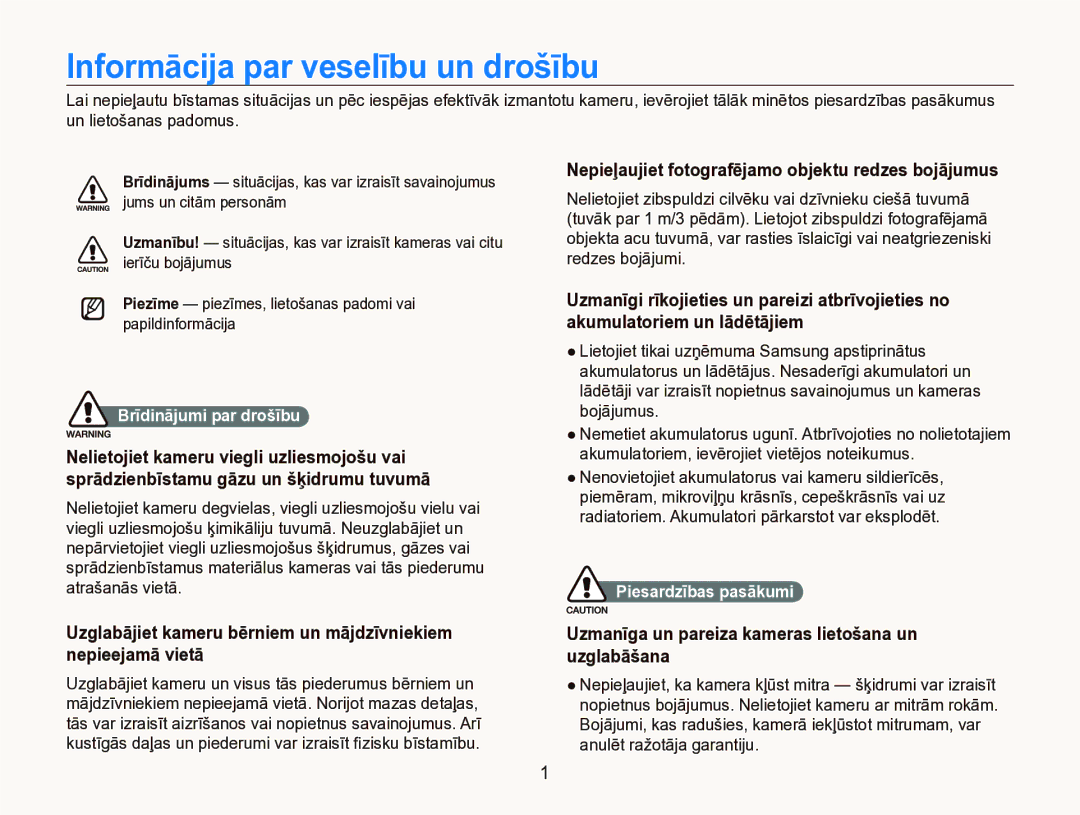 Samsung EC-IT100BBP/RU manual Informācija par veselību un drošību, Nepieļaujiet fotografējamo objektu redzes bojājumus 