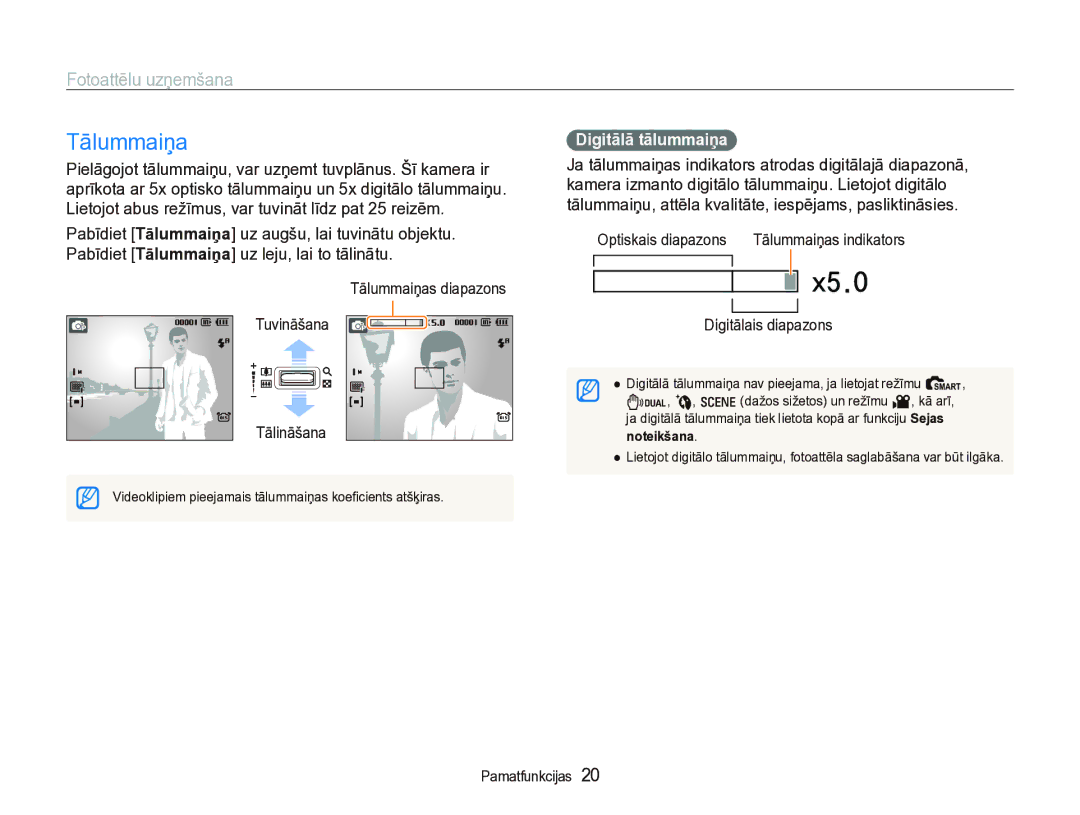 Samsung EC-IT100SBP/RU manual Tālummaiņa, Fotoattēlu uzņemšana, Digitālā tālummaiņa, Tālināšana, Digitālais diapazons 