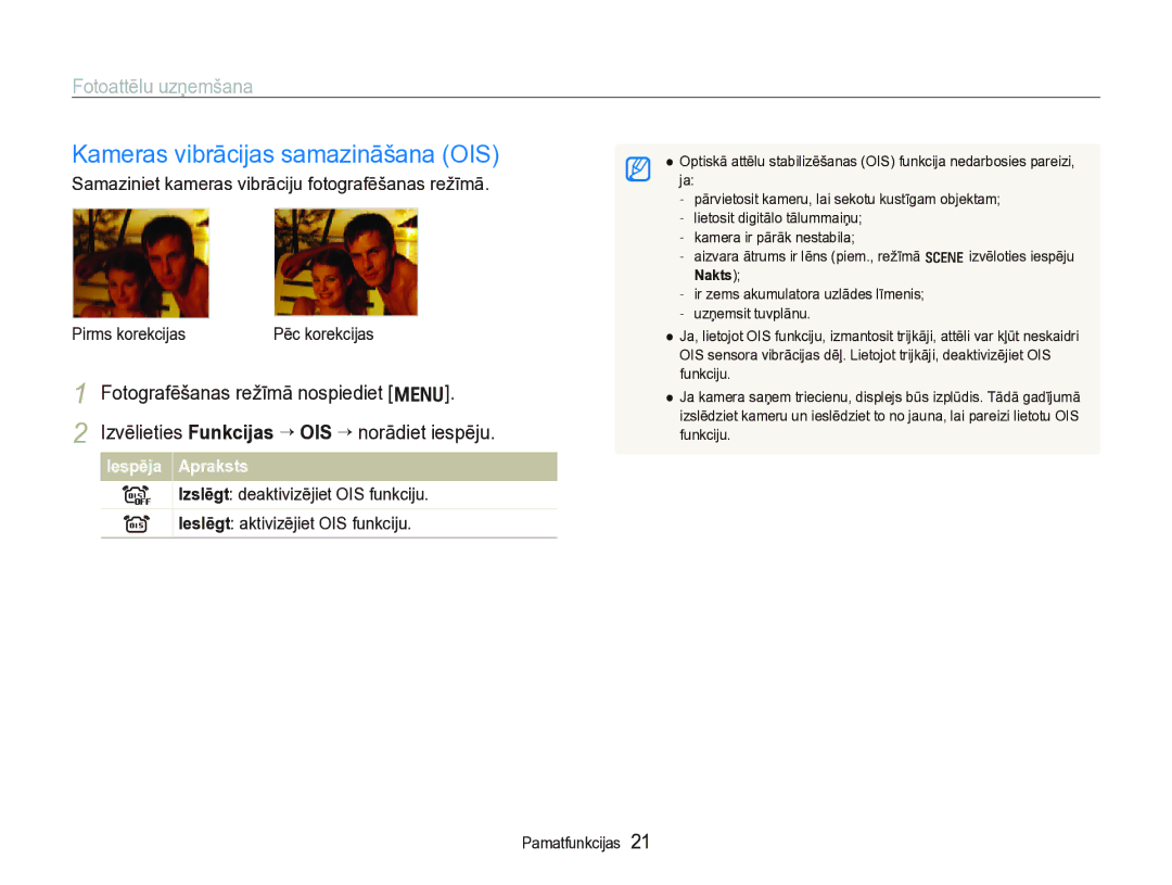 Samsung EC-IT100BBP/RU, EC-IT100SBP/RU manual Kameras vibrācijas samazināšana OIS, Iespēja Apraksts 