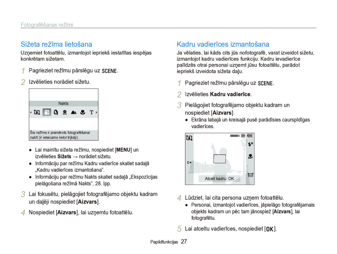 Samsung EC-IT100BBP/RU, EC-IT100SBP/RU manual Sižeta režīma lietošana, Kadru vadierīces izmantošana, Fotografēšanas režīmi 