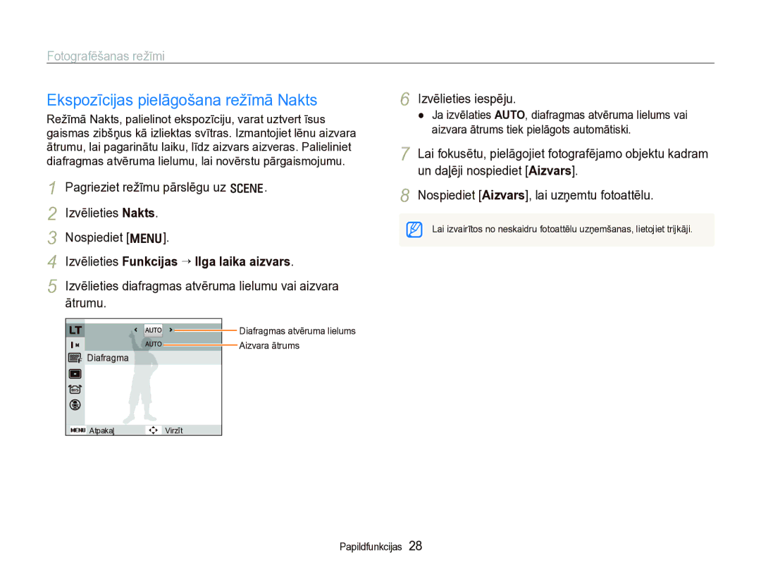 Samsung EC-IT100SBP/RU, EC-IT100BBP/RU Ekspozīcijas pielāgošana režīmā Nakts, Izvēlieties Funkcijas “ Ilga laika aizvars 