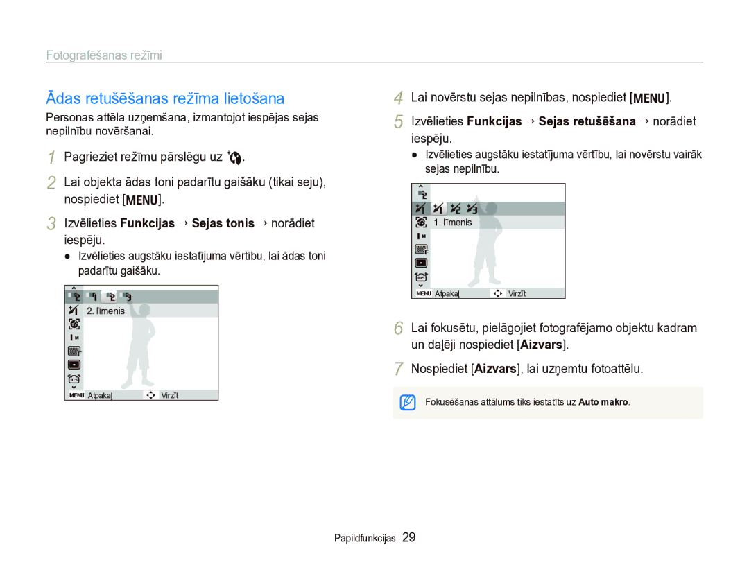 Samsung EC-IT100BBP/RU manual Ādas retušēšanas režīma lietošana, Izvēlieties Funkcijas “ Sejas tonis ““norādiet iespēju 