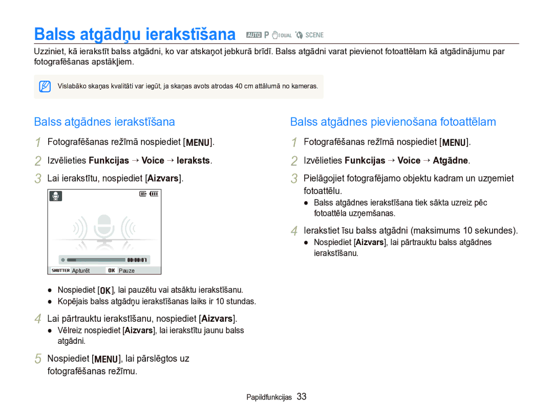 Samsung EC-IT100BBP/RU, EC-IT100SBP/RU manual Balss atgādņu ierakstīšana a p d b s, Balss atgādnes ierakstīšana 