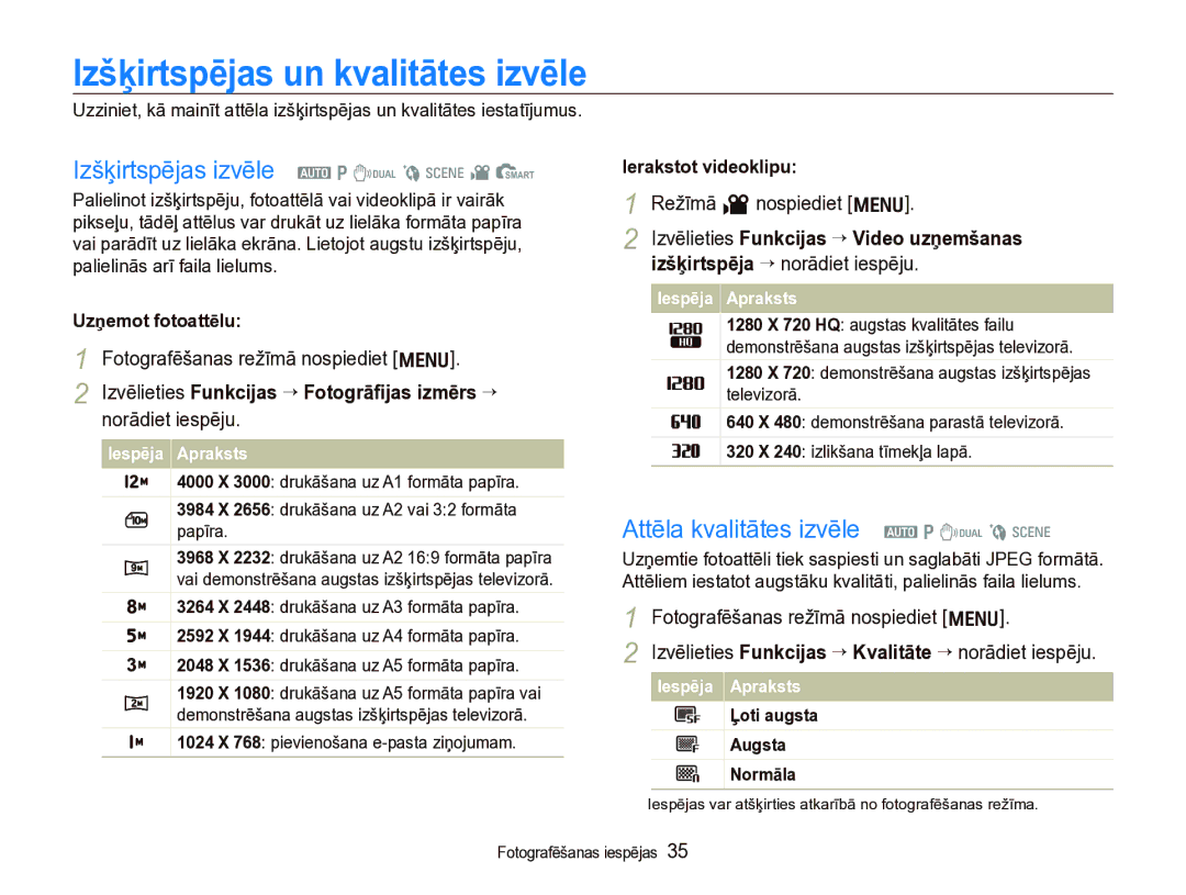 Samsung EC-IT100BBP/RU, EC-IT100SBP/RU manual Izšķirtspējas un kvalitātes izvēle, Izšķirtspējas izvēle a p d b s v S 