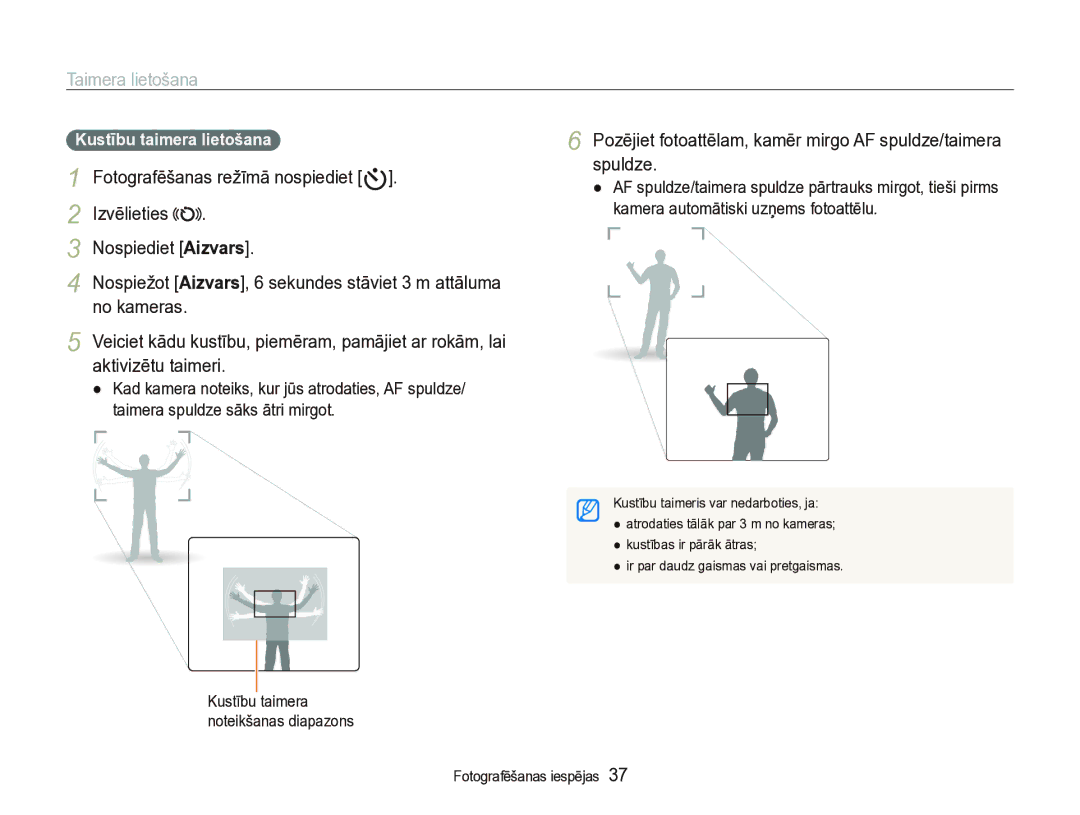 Samsung EC-IT100BBP/RU manual Taimera lietošana, Izvēlieties Nospiediet Aizvars, Kustību taimera lietošana, No kameras 