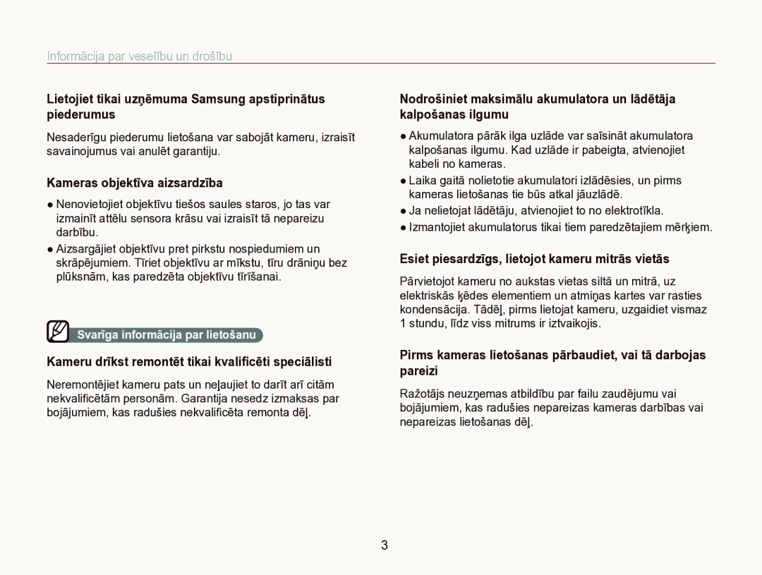 Samsung EC-IT100BBP/RU manual Lietojiet tikai uzņēmuma Samsung apstiprinātus piederumus, Kameras objektīva aizsardzība 