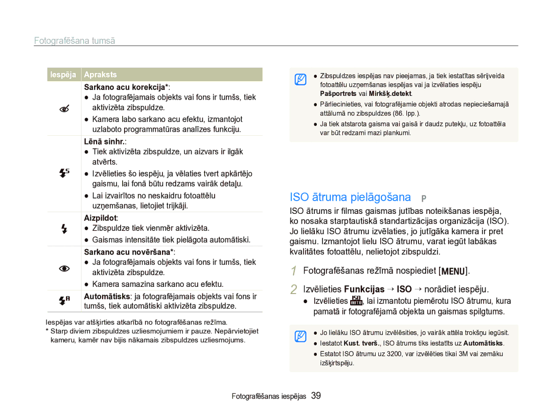 Samsung EC-IT100BBP/RU, EC-IT100SBP/RU manual ISO ātruma pielāgošana p, Fotografēšana tumsā 