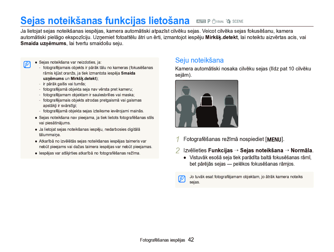 Samsung EC-IT100SBP/RU, EC-IT100BBP/RU manual Sejas noteikšanas funkcijas lietošana a p d b s, Seju noteikšana 