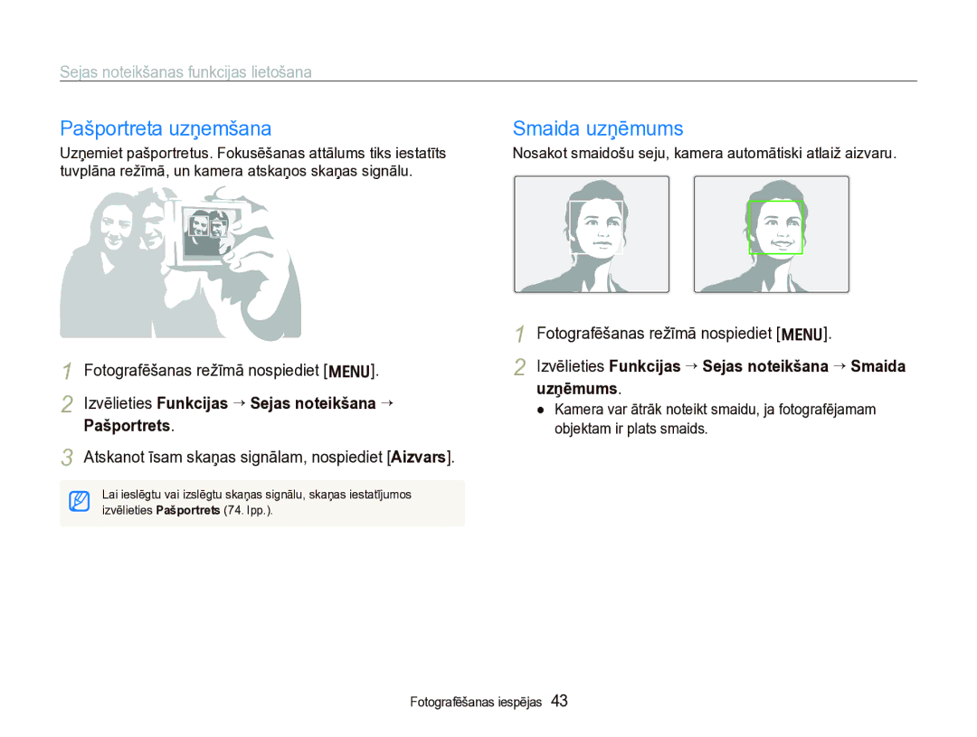 Samsung EC-IT100BBP/RU, EC-IT100SBP/RU manual Pašportreta uzņemšana, Smaida uzņēmums, Sejas noteikšanas funkcijas lietošana 
