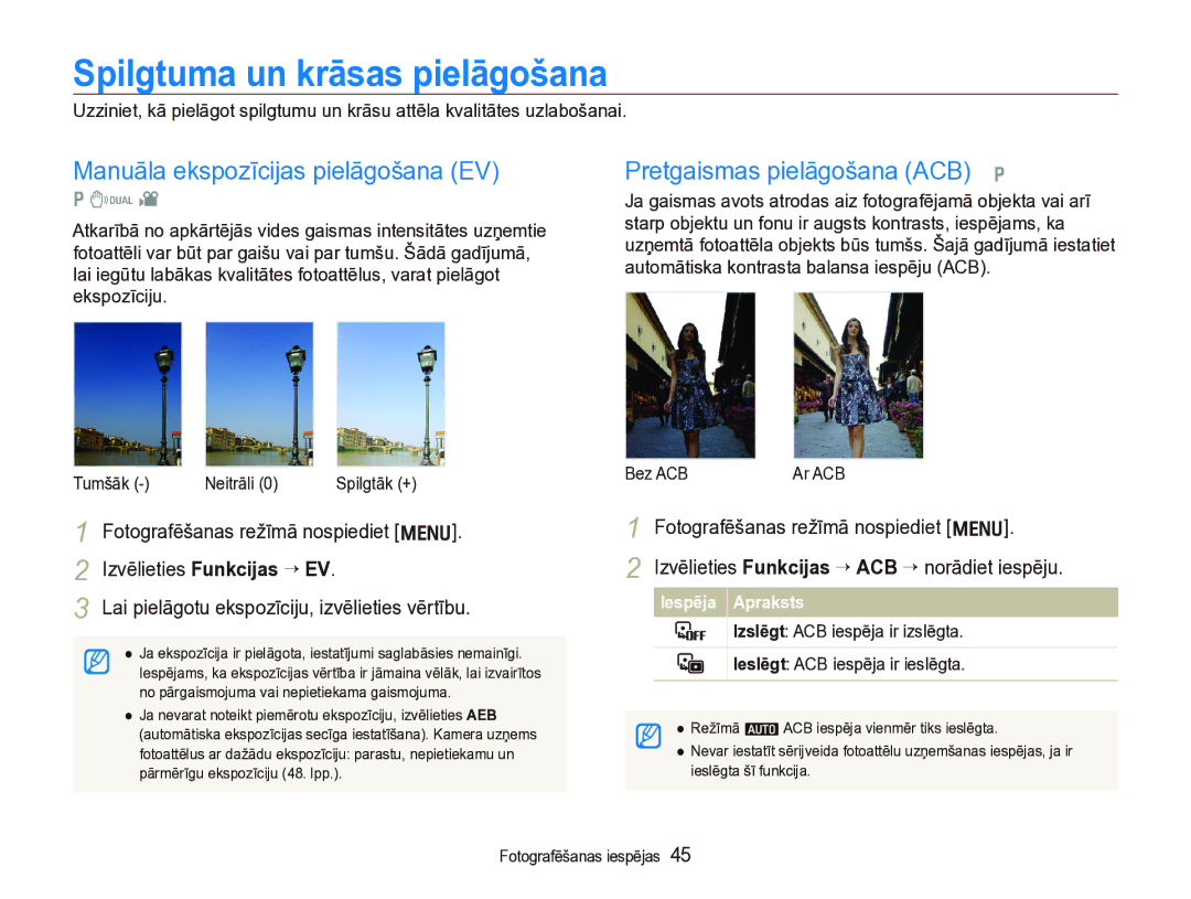 Samsung EC-IT100BBP/RU Spilgtuma un krāsas pielāgošana, Manuāla ekspozīcijas pielāgošana EV, Pretgaismas pielāgošana ACB p 