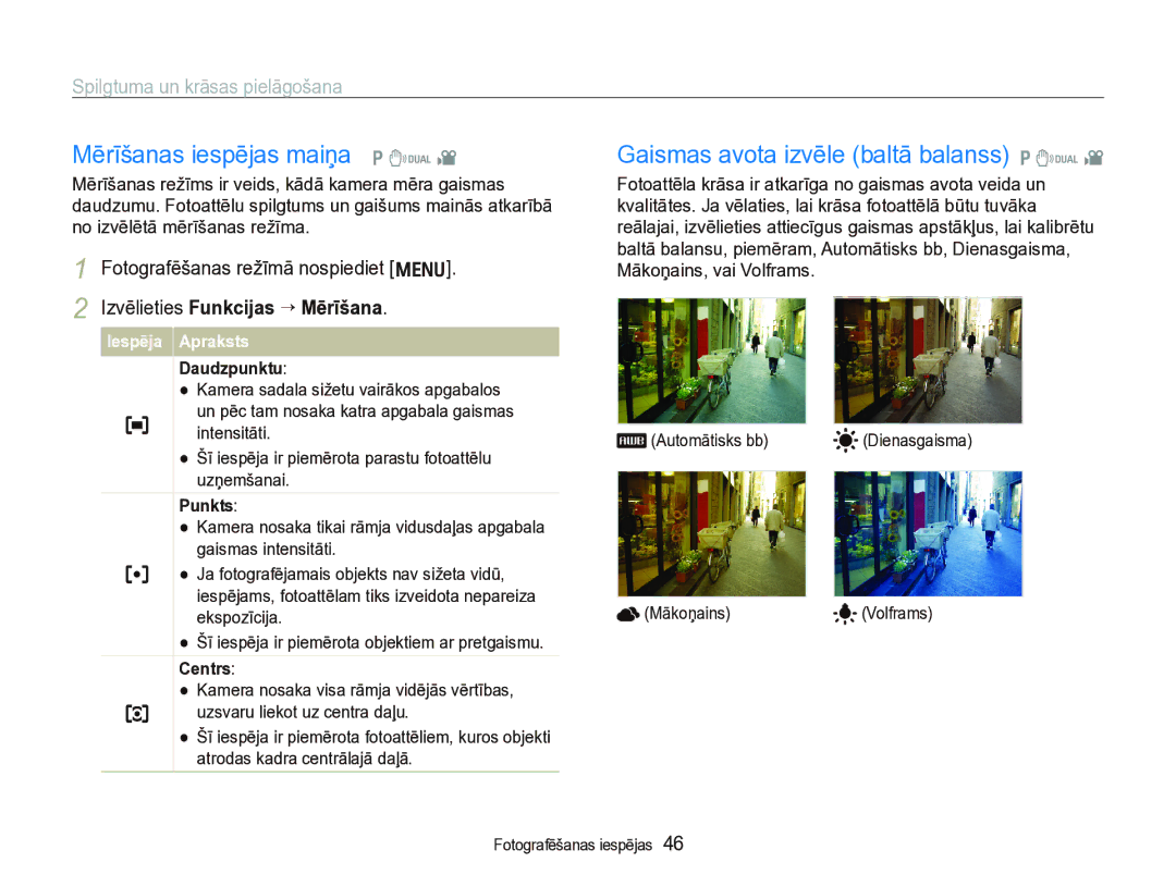 Samsung EC-IT100SBP/RU, EC-IT100BBP/RU manual Mērīšanas iespējas maiņa p d, Gaismas avota izvēle baltā balanss p d 