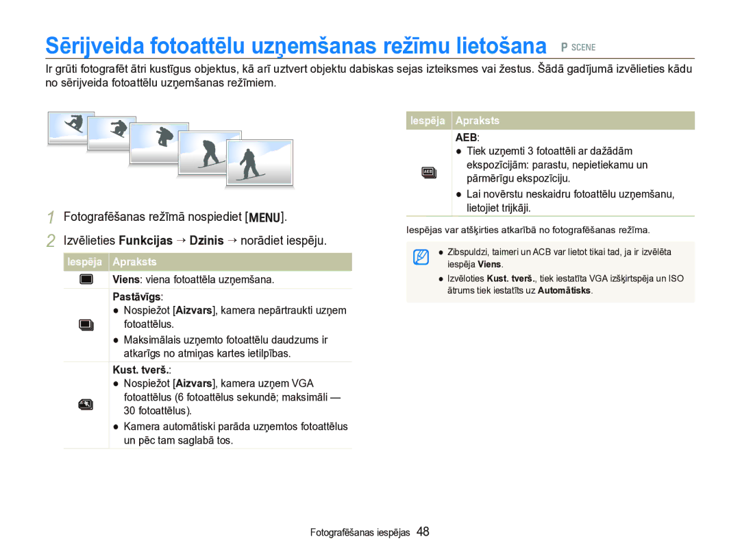 Samsung EC-IT100SBP/RU Sērijveida fotoattēlu uzņemšanas režīmu lietošana p s, Viens viena fotoattēla uzņemšana, Pastāvīgs 