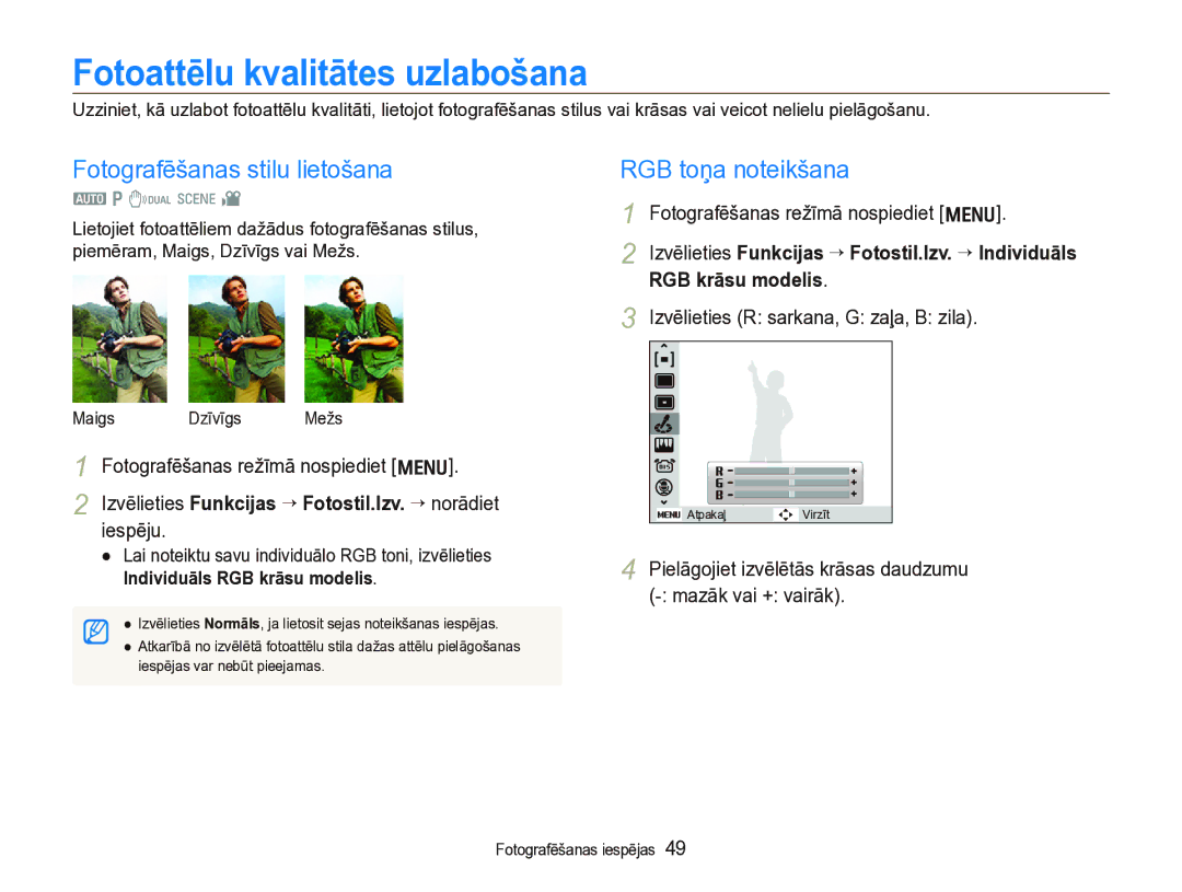 Samsung EC-IT100BBP/RU manual Fotoattēlu kvalitātes uzlabošana, Fotografēšanas stilu lietošana, RGB toņa noteikšana 