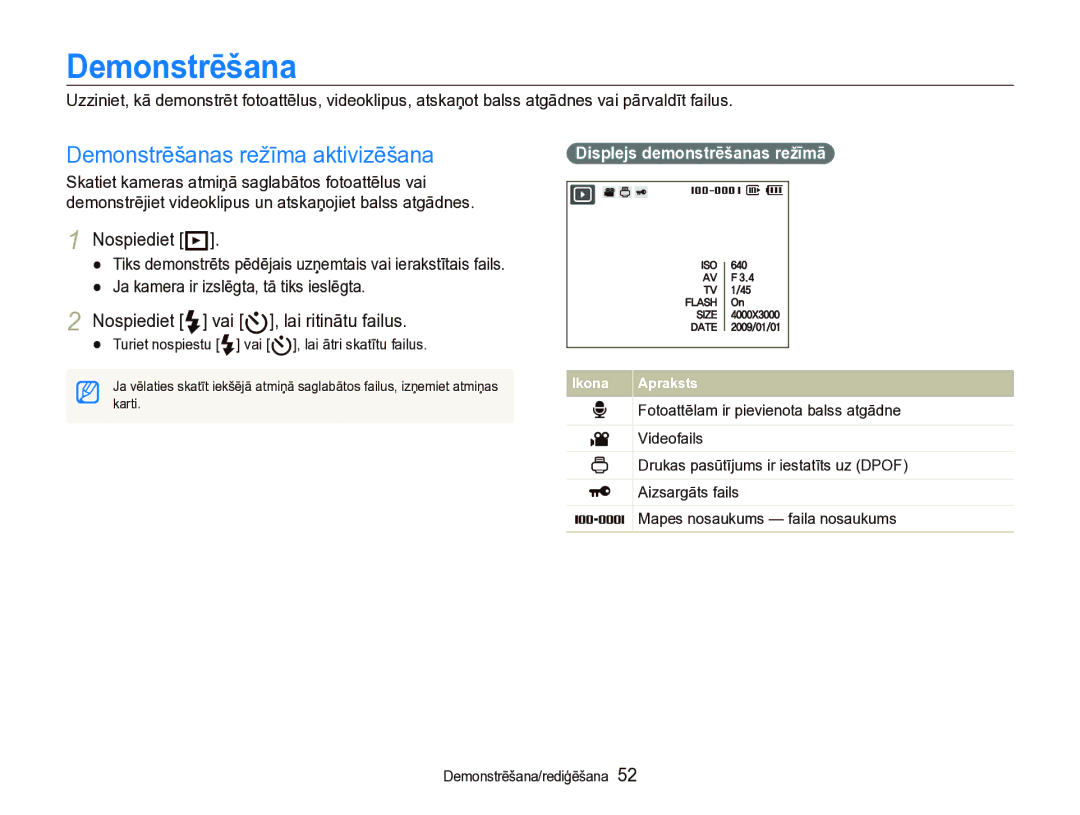 Samsung EC-IT100SBP/RU, EC-IT100BBP/RU manual Demonstrēšana, Nospiediet P, Nospiediet F vai t, lai ritinātu failus 