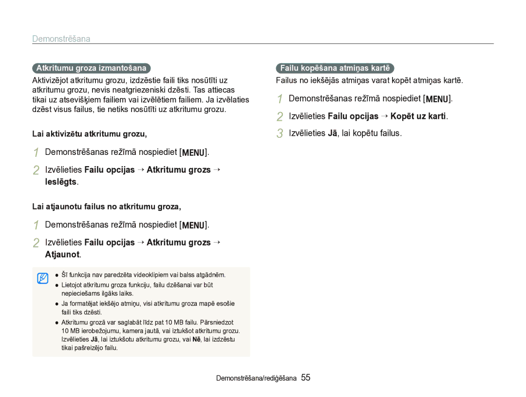 Samsung EC-IT100BBP/RU, EC-IT100SBP/RU Izvēlieties Failu opcijas “ Atkritumu grozs “ Ieslēgts, Atkritumu groza izmantošana 