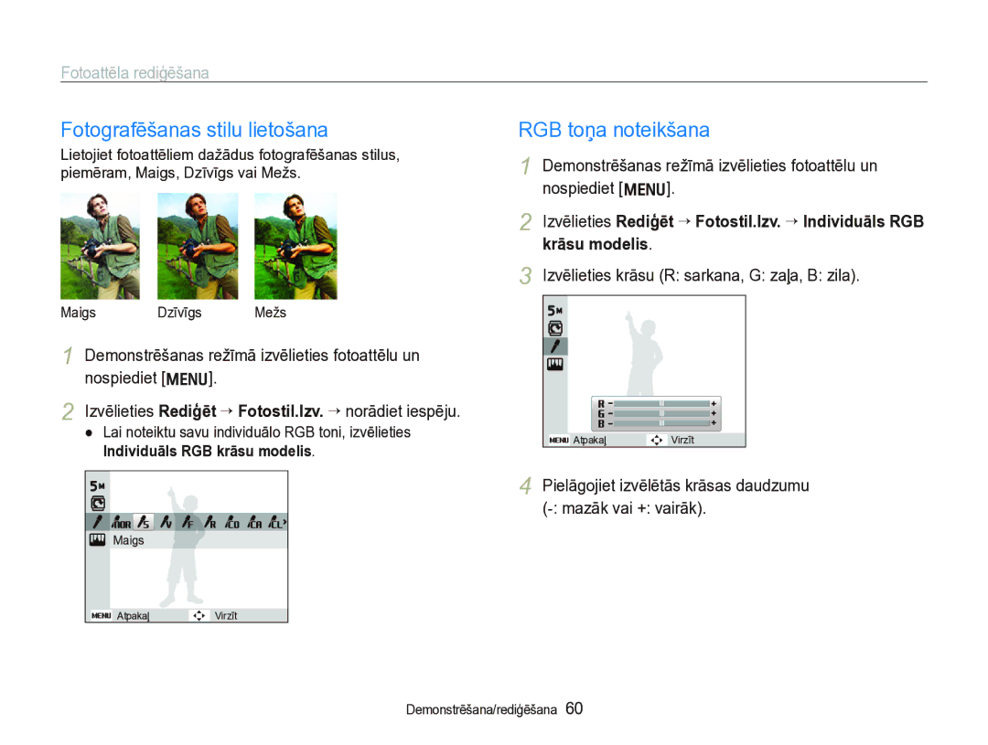 Samsung EC-IT100SBP/RU, EC-IT100BBP/RU manual Fotoattēla rediģēšana, Izvēlieties krāsu R sarkana, G zaļa, B zila 