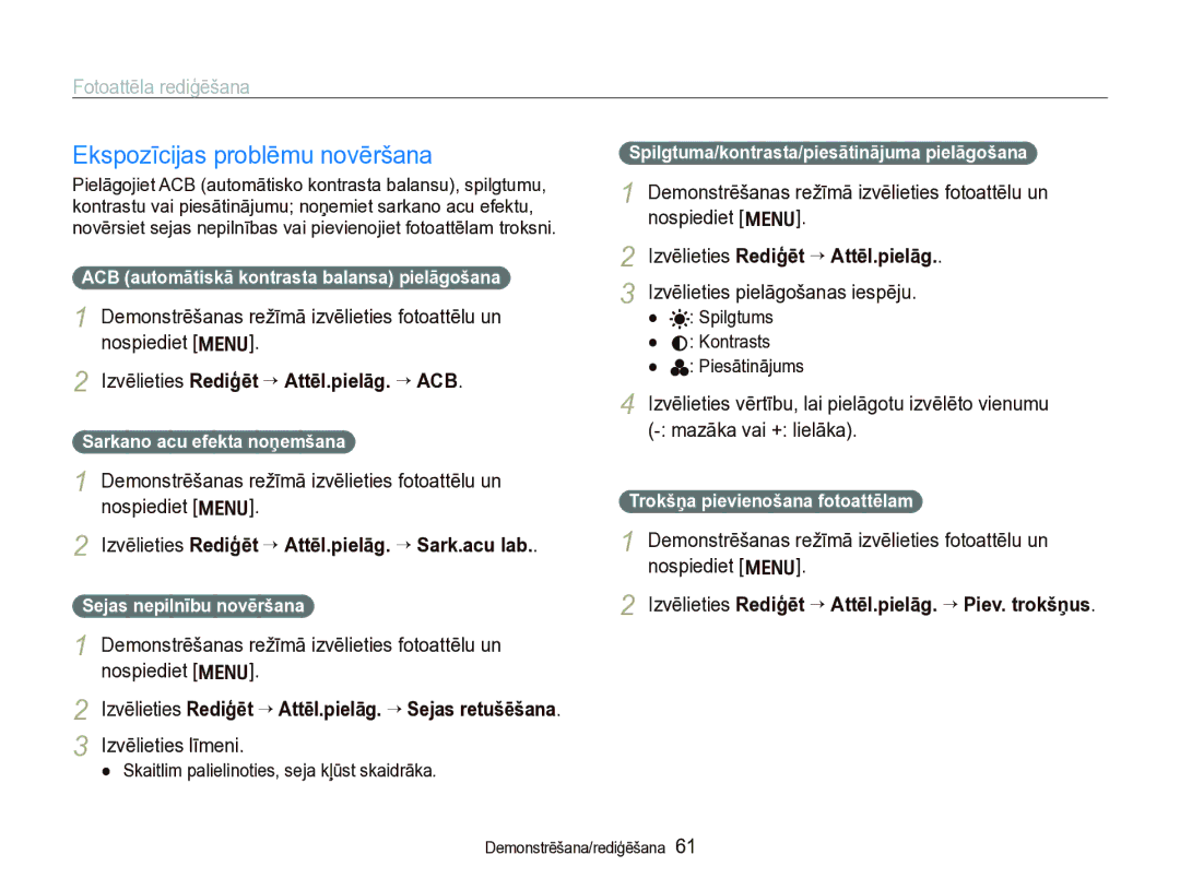 Samsung EC-IT100BBP/RU, EC-IT100SBP/RU manual Ekspozīcijas problēmu novēršana, Izvēlieties Rediģēt “ Attēl.pielāg. “ ACB 