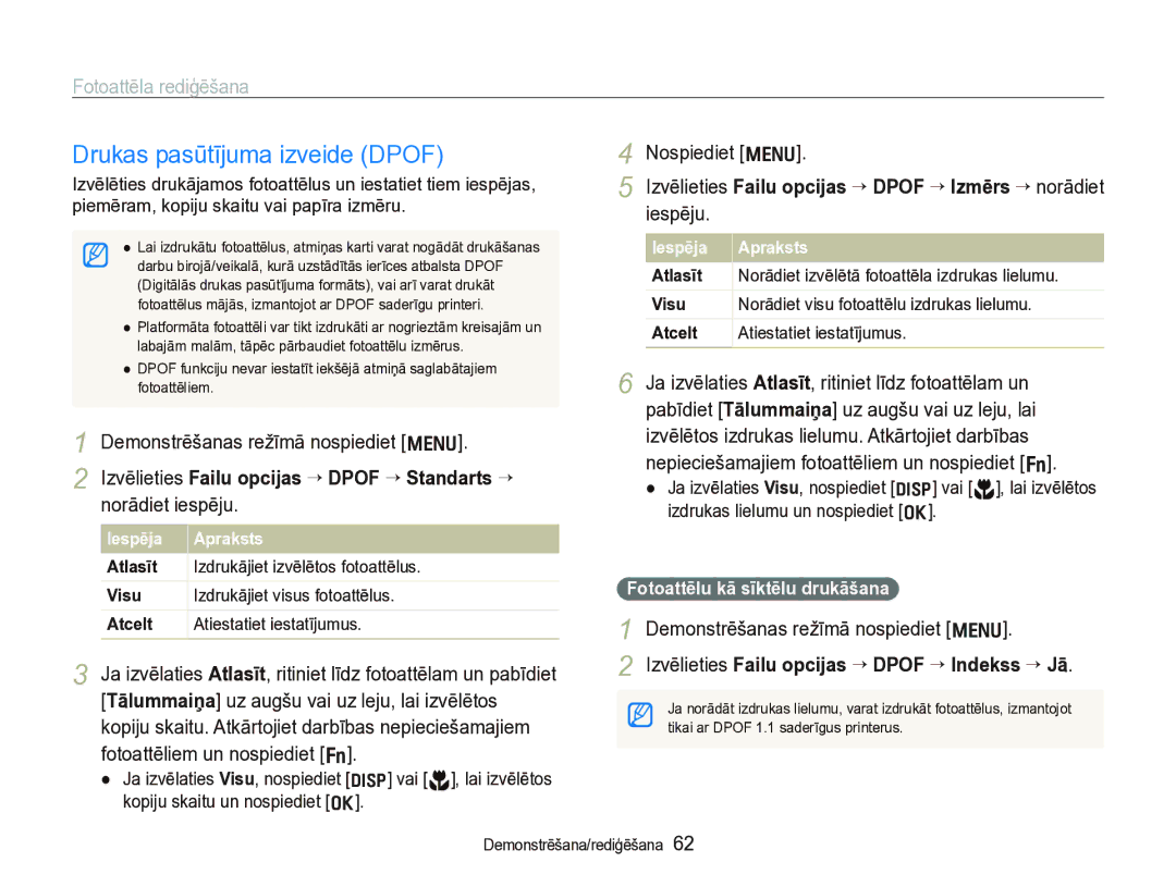 Samsung EC-IT100SBP/RU, EC-IT100BBP/RU Drukas pasūtījuma izveide Dpof, Izvēlieties Failu opcijas “ Dpof “ Indekss “ Jā 