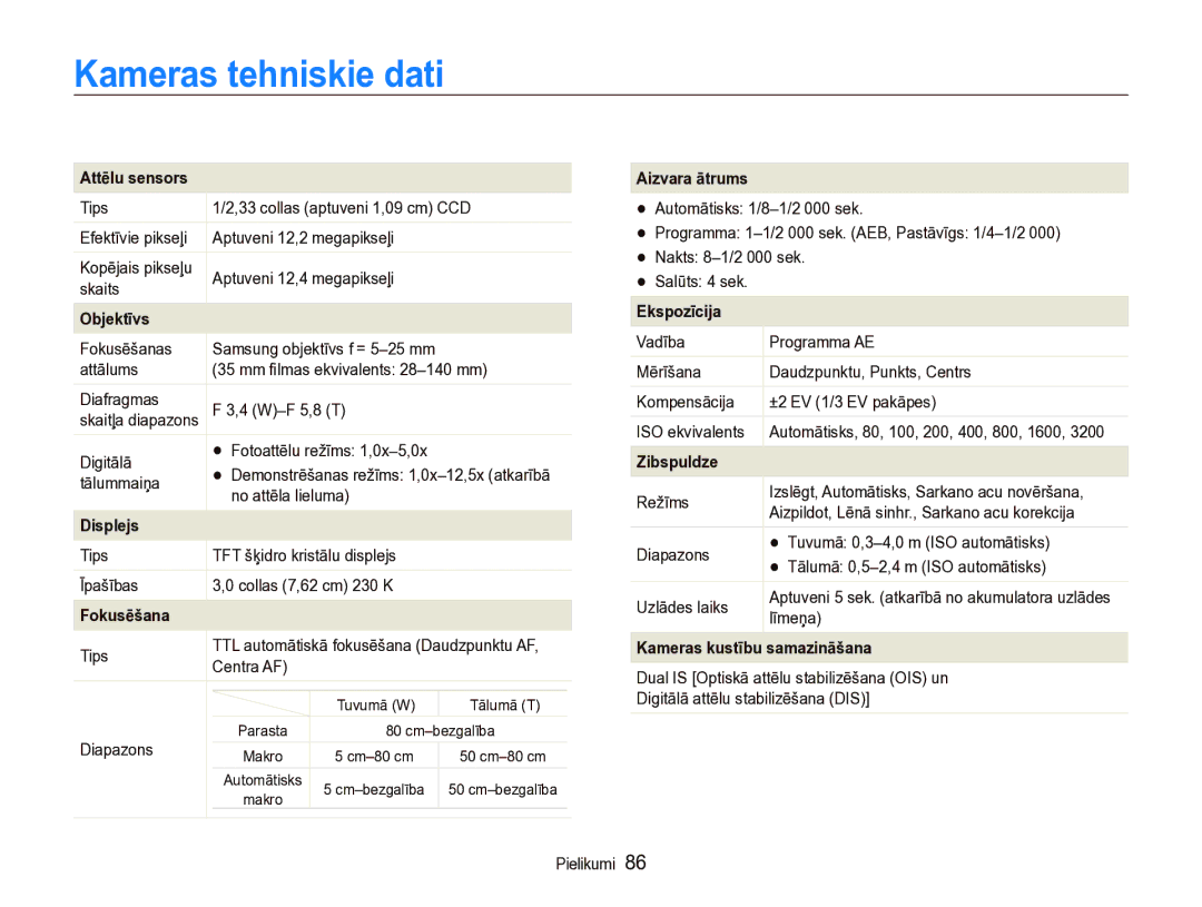 Samsung EC-IT100SBP/RU, EC-IT100BBP/RU manual Kameras tehniskie dati 