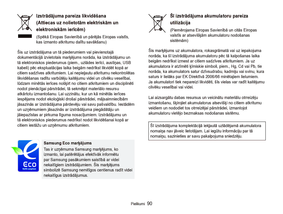 Samsung EC-IT100SBP/RU, EC-IT100BBP/RU manual Šī izstrādājuma akumulatoru pareiza utilizācija, Samsung Eco marķējums 