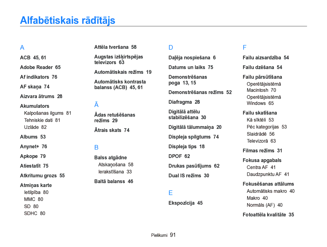 Samsung EC-IT100BBP/RU, EC-IT100SBP/RU manual Alfabētiskais rādītājs 