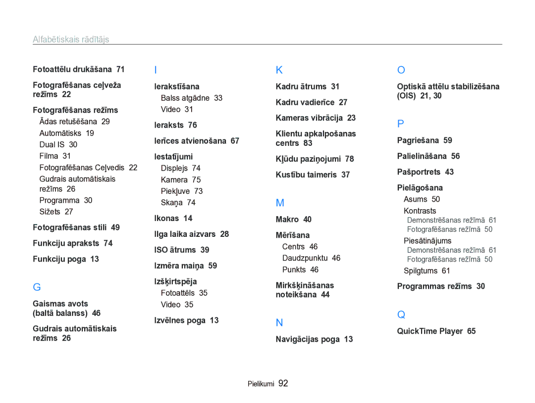 Samsung EC-IT100SBP/RU, EC-IT100BBP/RU manual Alfabētiskais rādītājs 