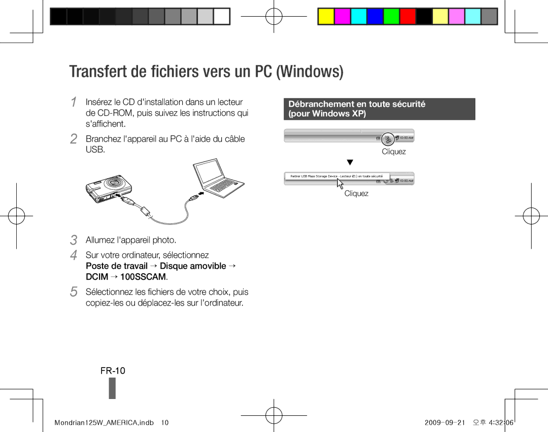 Samsung EC-IT100RBP/E2 Transfert de fichiers vers un PC Windows, FR-10, Débranchement en toute sécurité, Pour Windows XP 