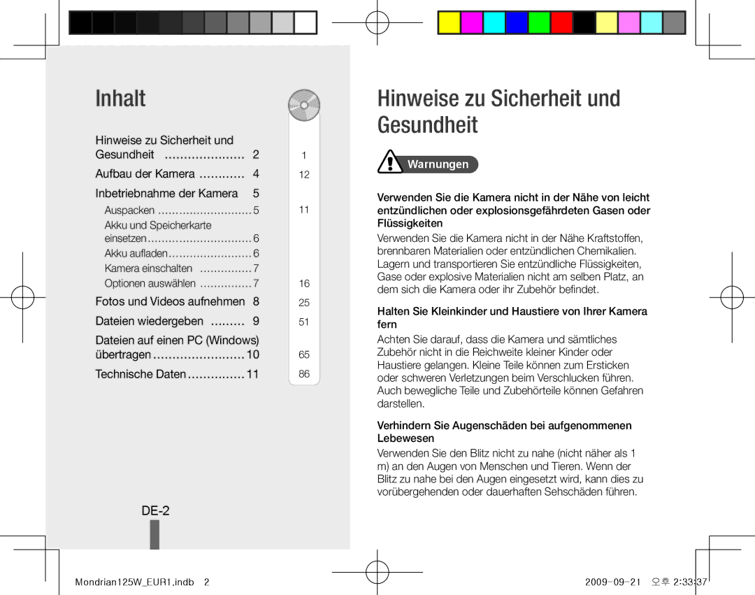 Samsung EC-IT100SBP/SA, EC-IT100UBP/FR manual Inhalt, DE-2, Hinweise zu Sicherheit und Gesundheit… …………………, Warnungen 