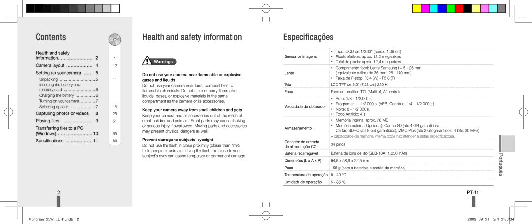 Samsung EC-IT100BBP/FR, EC-IT100UBP/FR, EC-IT100SBP/FR, EC-IT100RBP/FR Contents Health and safety information Especificações 