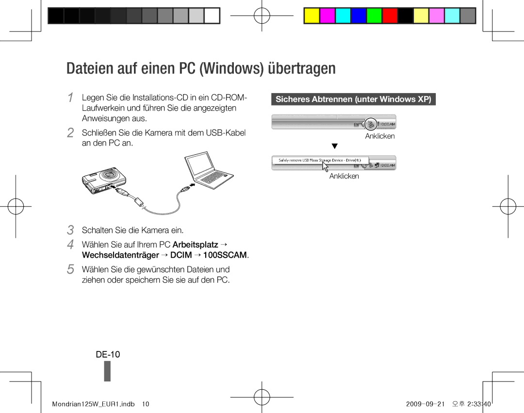 Samsung EC-IT100RBP/VN, EC-IT100UBP/FR Dateien auf einen PC Windows übertragen, DE-10, Sicheres Abtrennen unter Windows XP 