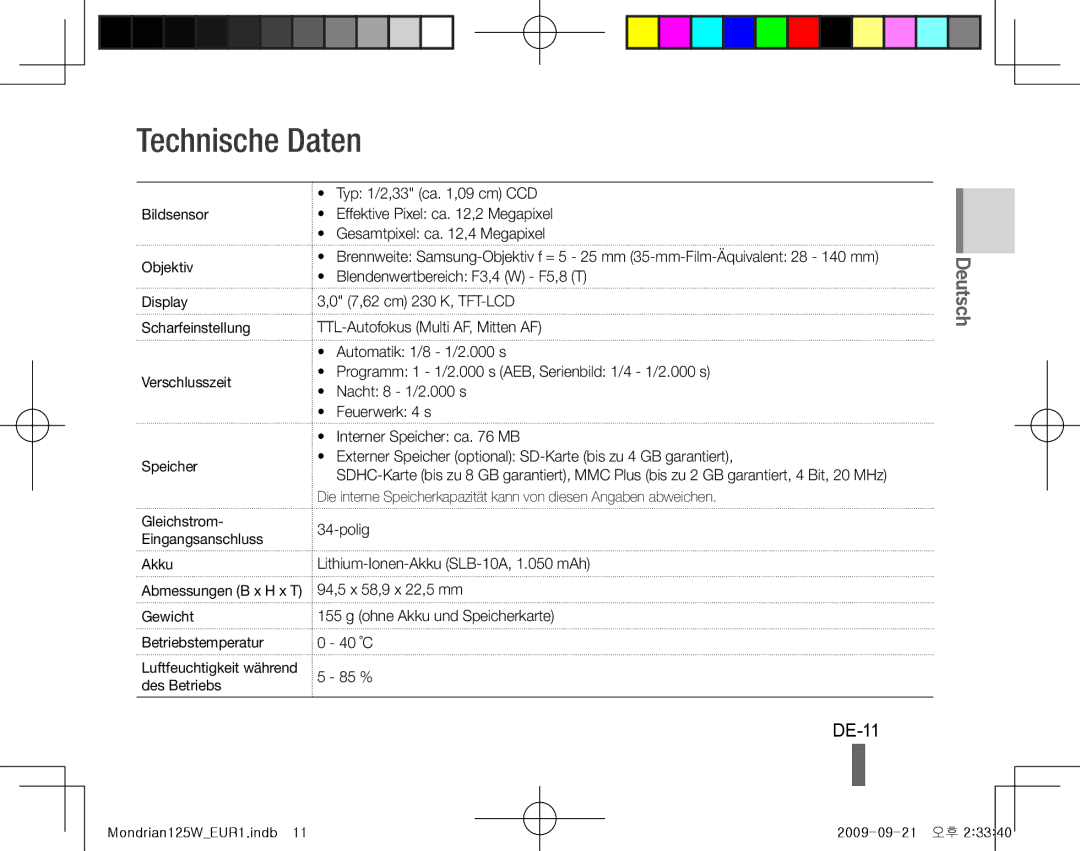 Samsung EC-IT100ABP/VN, EC-IT100UBP/FR, EC-IT100SBP/FR, EC-IT100BBP/FR, EC-IT100RBP/FR manual Technische Daten, DE-11, Akku 