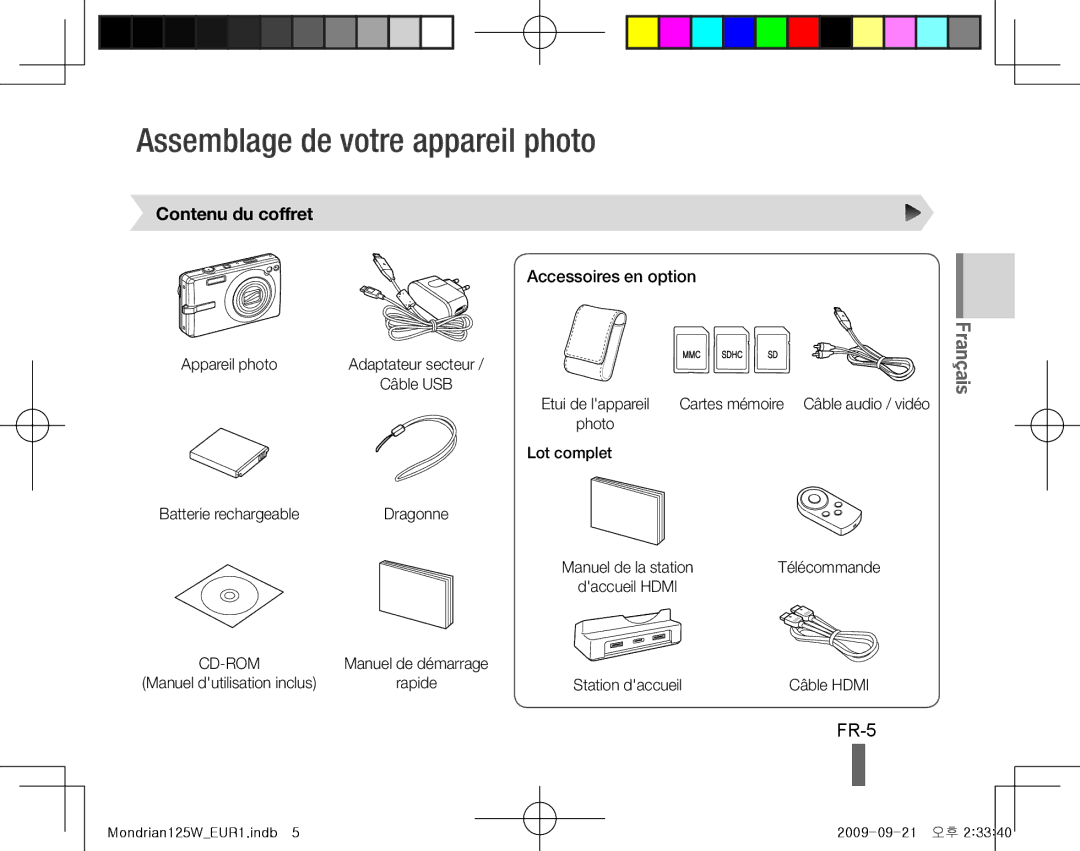 Samsung EC-IT100UBP/E3 Assemblage de votre appareil photo, FR-5, Contenu du coffret, Accessoires en option, Lot complet 