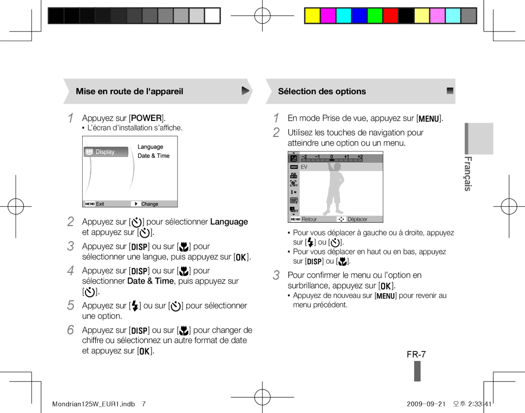 Samsung EC-IT100RBP/E3, EC-IT100UBP/FR, EC-IT100SBP/FR manual FR-7, Mise en route de lappareil, Sélection des options 