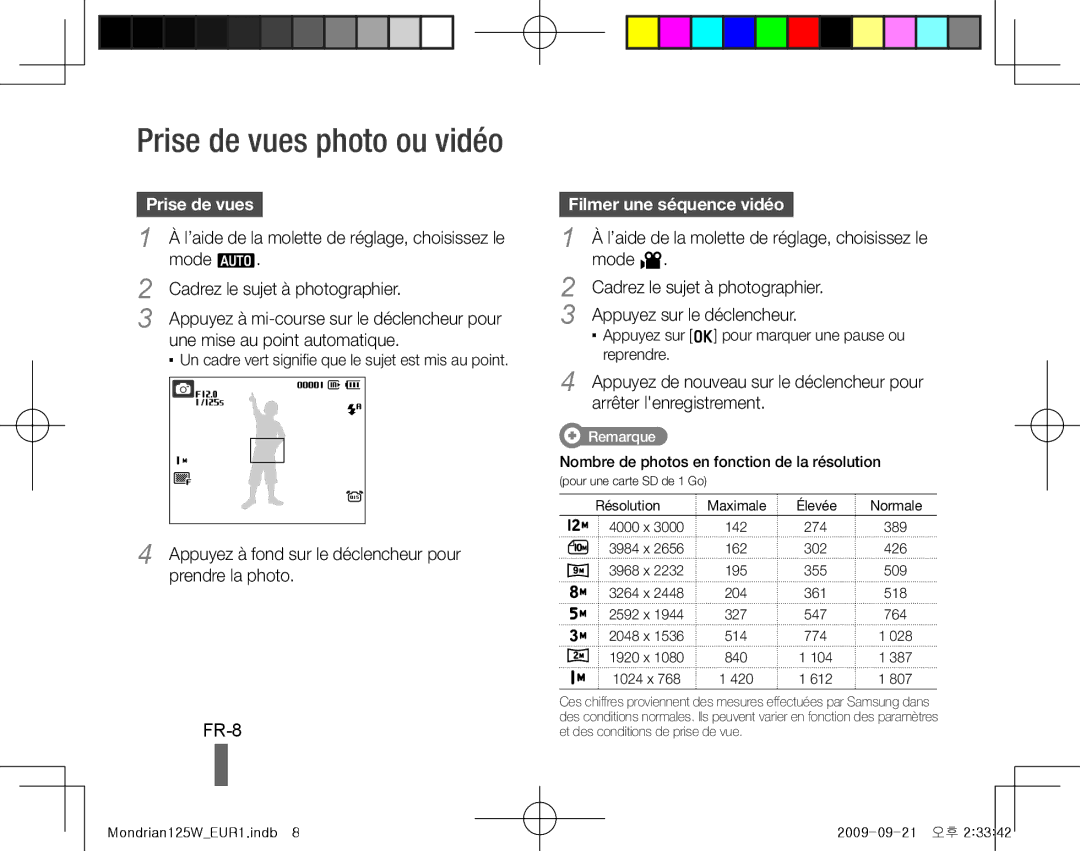 Samsung EC-IT100RBP/E1, EC-IT100UBP/FR, EC-IT100SBP/FR manual Prise de vues photo ou vidéo, FR-8, Filmer une séquence vidéo 