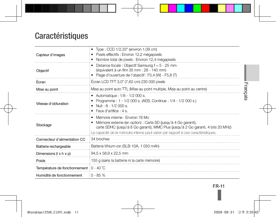 Samsung EC-IT100SBP/E2, EC-IT100UBP/FR, EC-IT100SBP/FR manual Caractéristiques, FR-11, Humidité de fonctionnement 85 % 