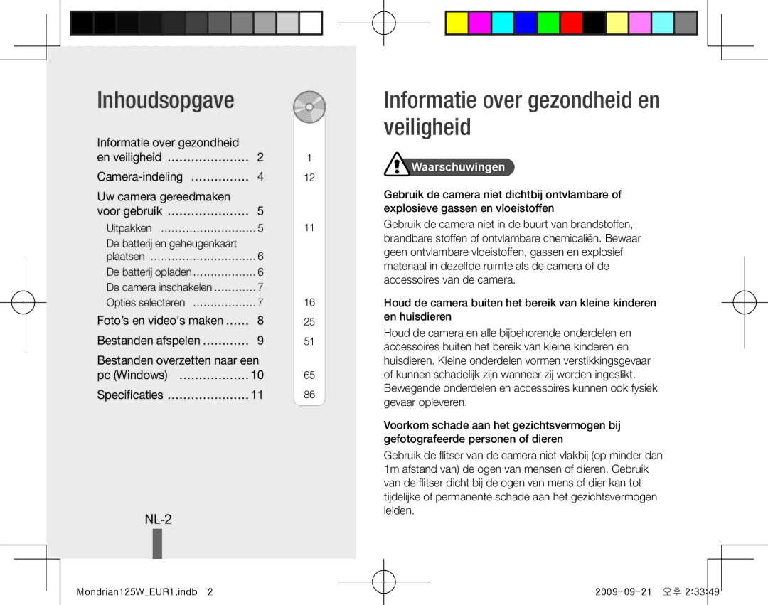 Samsung EC-IT100UDP/ME, EC-IT100UBP/FR manual Inhoudsopgave, Informatie over gezondheid en veiligheid, NL-2, Waarschuwingen 