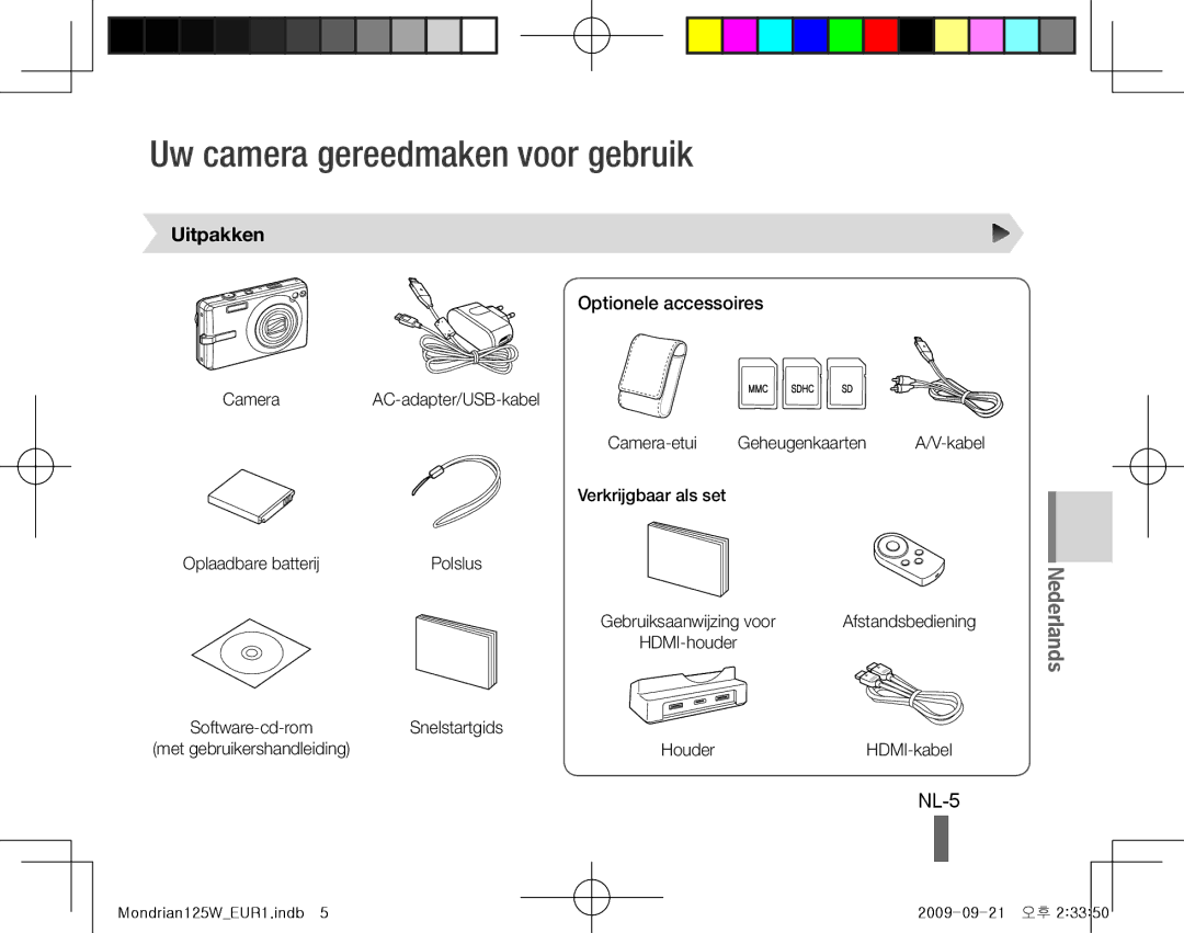 Samsung EC-IT100SDP/ME, EC-IT100UBP/FR manual Uw camera gereedmaken voor gebruik, NL-5, Uitpakken, Optionele accessoires 