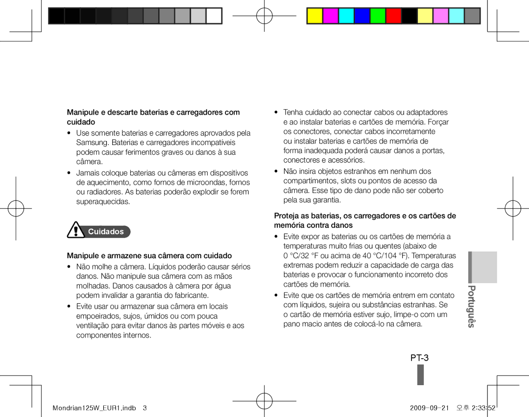 Samsung EC-IT100SBP/VN, EC-IT100UBP/FR, EC-IT100SBP/FR, EC-IT100BBP/FR, EC-IT100RBP/FR, EC-IT100UBP/IT manual PT-3, Cuidados 