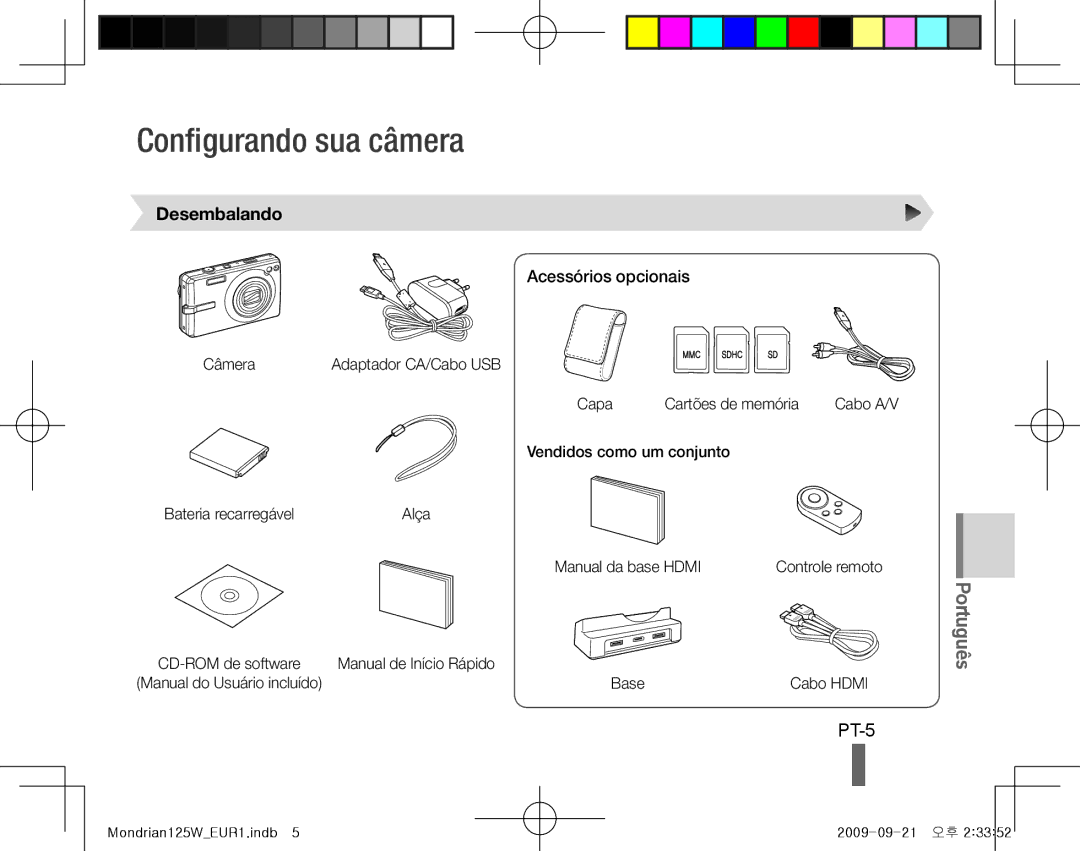 Samsung EC-IT100BBP/RU, EC-IT100UBP/FR, EC-IT100SBP/FR Configurando sua câmera, PT-5, Desembalando, Acessórios opcionais 