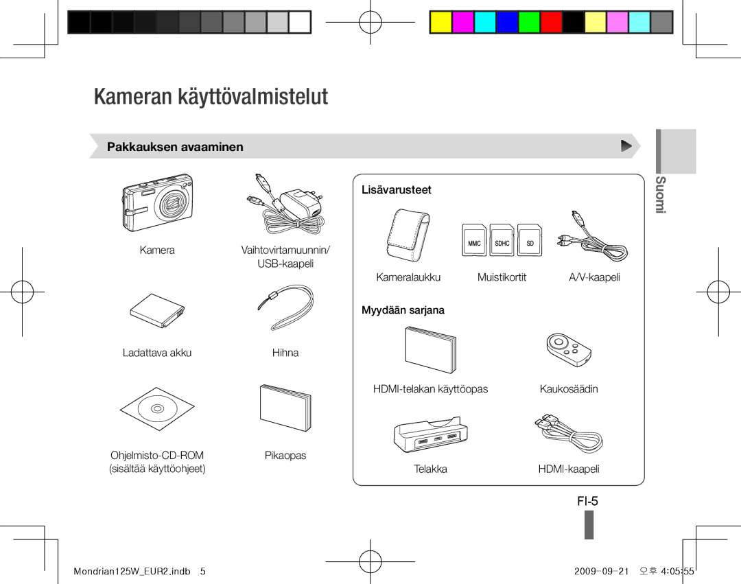 Samsung EC-IT100UBP/SA, EC-IT100UBP/FR, EC-IT100SBP/FR Kameran käyttövalmistelut, FI-5, Pakkauksen avaaminen, Lisävarusteet 