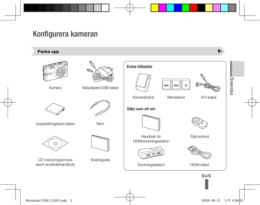 Samsung EC-IT100UBP/E3, EC-IT100UBP/FR, EC-IT100SBP/FR, EC-IT100BBP/FR Konfigurera kameran, SV-5, Packa upp, Extra tillbehör 