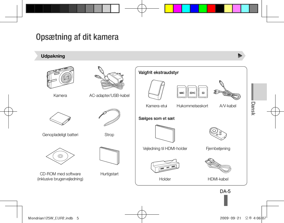 Samsung EC-IT100SBA/RU, EC-IT100UBP/FR, EC-IT100SBP/FR manual Opsætning af dit kamera, DA-5, Udpakning, Valgfrit ekstraudstyr 