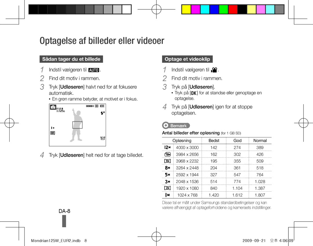 Samsung EC-IT100ABA/RU manual Optagelse af billeder eller videoer, DA-8, Sådan tager du et billede, Optage et videoklip 