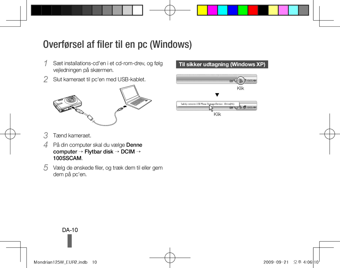 Samsung EC-IT100SBP/E1, EC-IT100UBP/FR manual Overførsel af filer til en pc Windows, DA-10, Til sikker udtagning Windows XP 