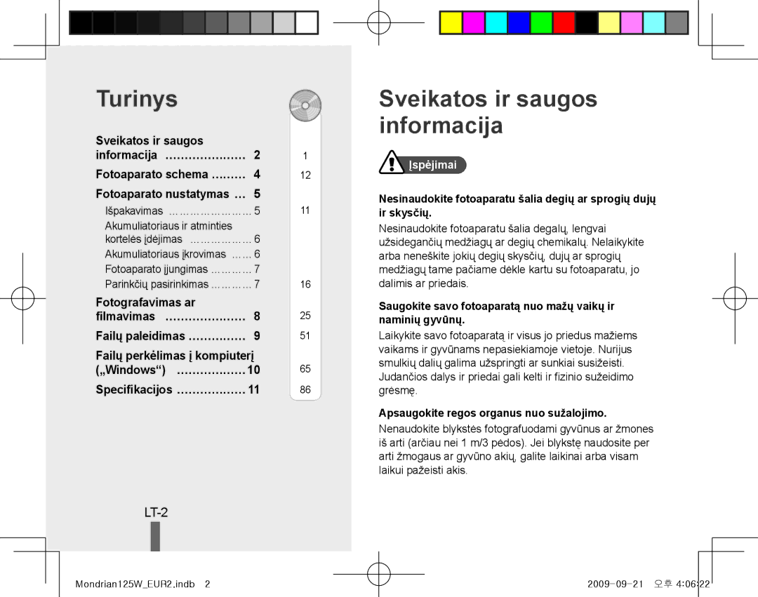 Samsung EC-IT100ABP/VN, EC-IT100UBP/FR, EC-IT100SBP/FR manual Turinys, Sveikatos ir saugos informacija, LT-2, Įspėjimai 