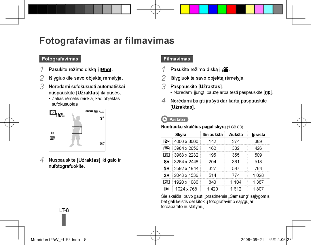 Samsung EC-IT100RBP/E3, EC-IT100UBP/FR, EC-IT100SBP/FR manual Fotografavimas ar filmavimas, LT-8, Filmavimas, Užraktas 