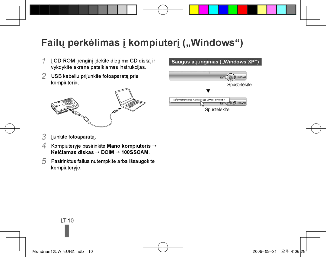 Samsung EC-IT100BBP/E2, EC-IT100UBP/FR manual Failų perkėlimas į kompiuterį „Windows, LT-10, Saugus atjungimas „Windows XP 