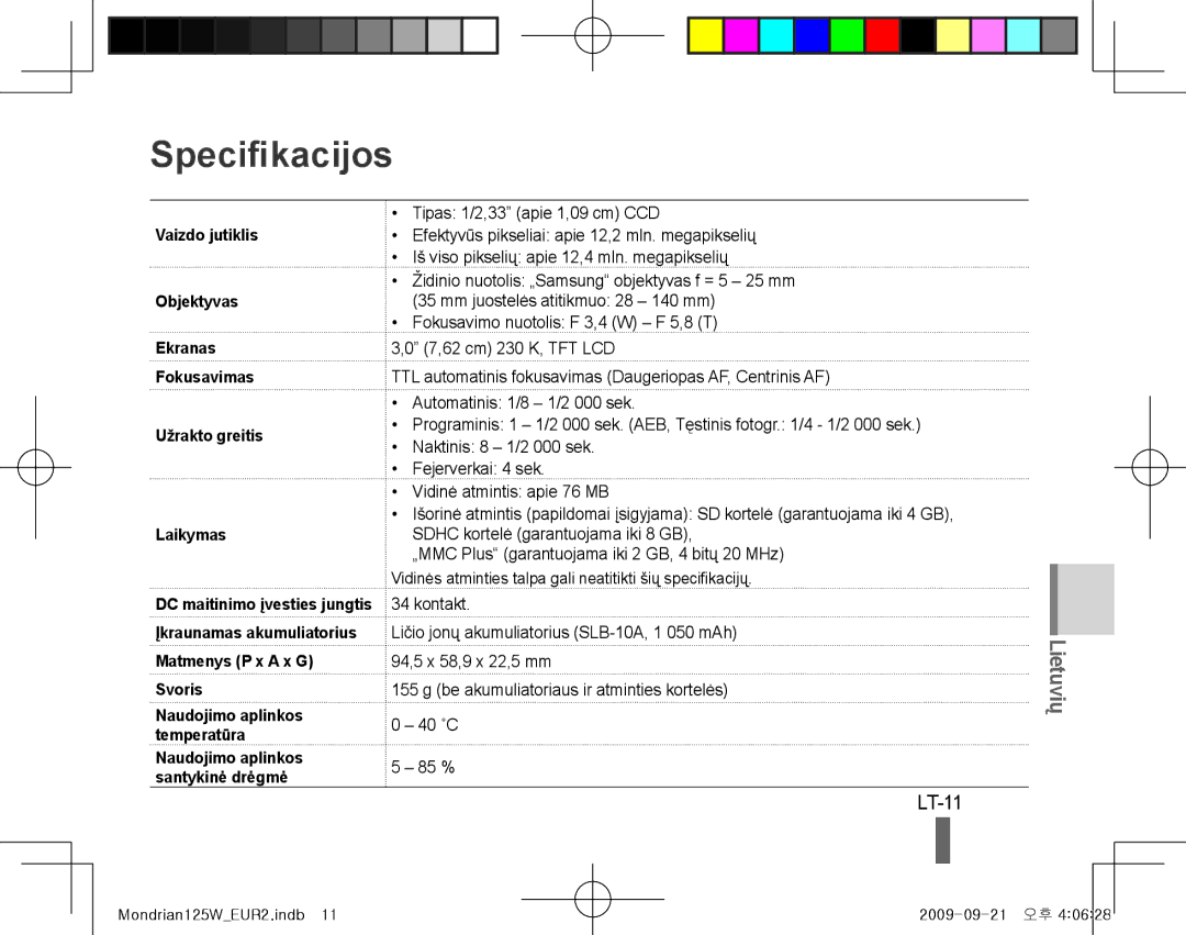 Samsung EC-IT100RBP/E2, EC-IT100UBP/FR, EC-IT100SBP/FR, EC-IT100BBP/FR, EC-IT100RBP/FR, EC-IT100UBP/IT Specifikacijos, LT-11 