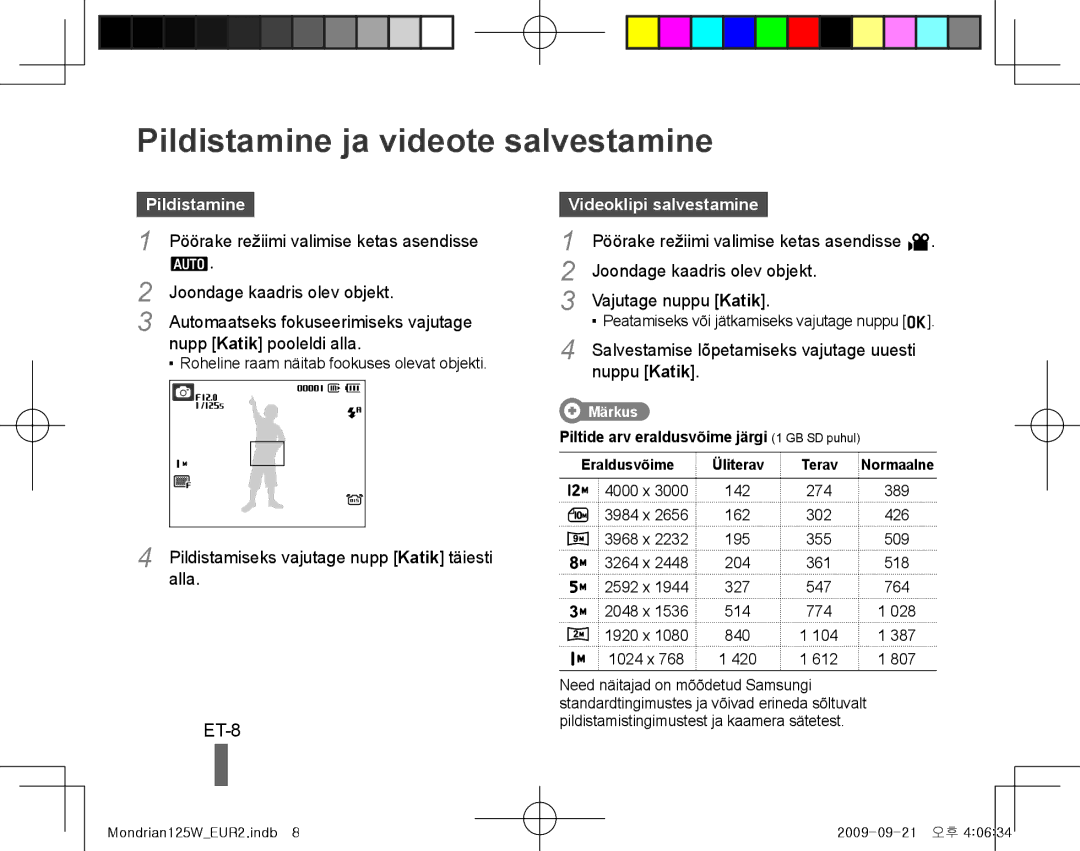 Samsung EC-IT100UBP/RU, EC-IT100UBP/FR, EC-IT100SBP/FR Pildistamine ja videote salvestamine, ET-8, Videoklipi salvestamine 