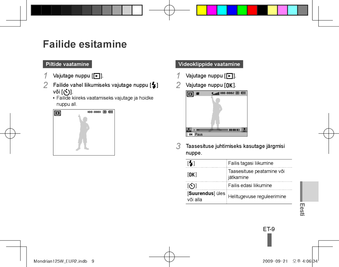 Samsung EC-IT100ABA/RU, EC-IT100UBP/FR, EC-IT100SBP/FR Failide esitamine, ET-9, Piltide vaatamine, Videoklippide vaatamine 